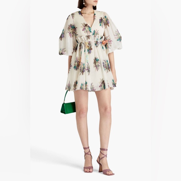 ZIMMERMANN Belted pleated floral-print organza mini dress 0 - Picture 1 of 6